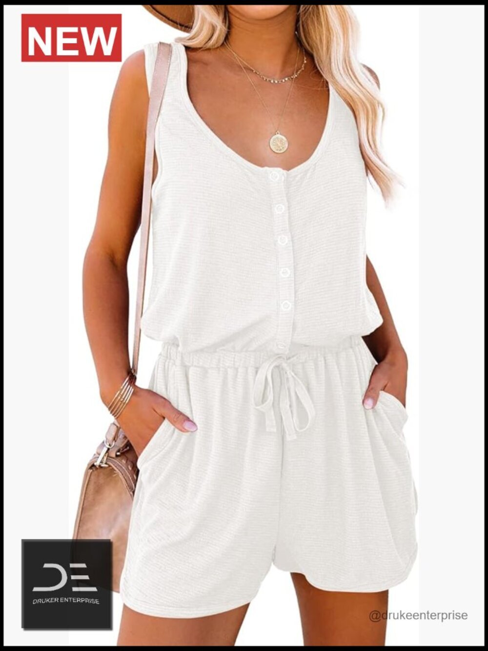 Scoop Neck Sleeveless Jumpsuit Romper with Pockets Adjustable Waist